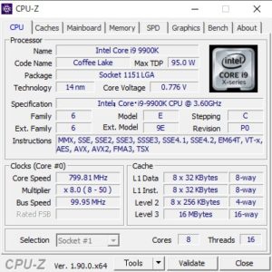 DAIV Z9,Core i9-9900K,スコア,CPUZ