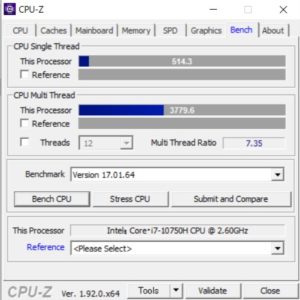 Core i7-10750H,CPUZ,GALLERIA GCL2060RGF-T,CPU