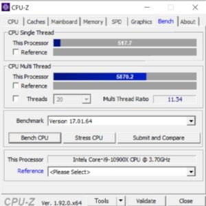 DAIV X7,Core i9-10900X,CPUZ,ベンチ